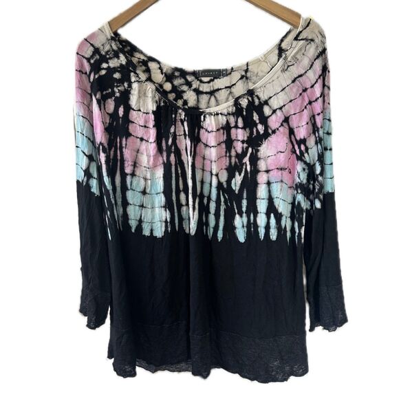 T Party Women's Tie Dye Mix Media Overlock Stitch Hem Bell Sleeve Top M - Picture 1 of 6